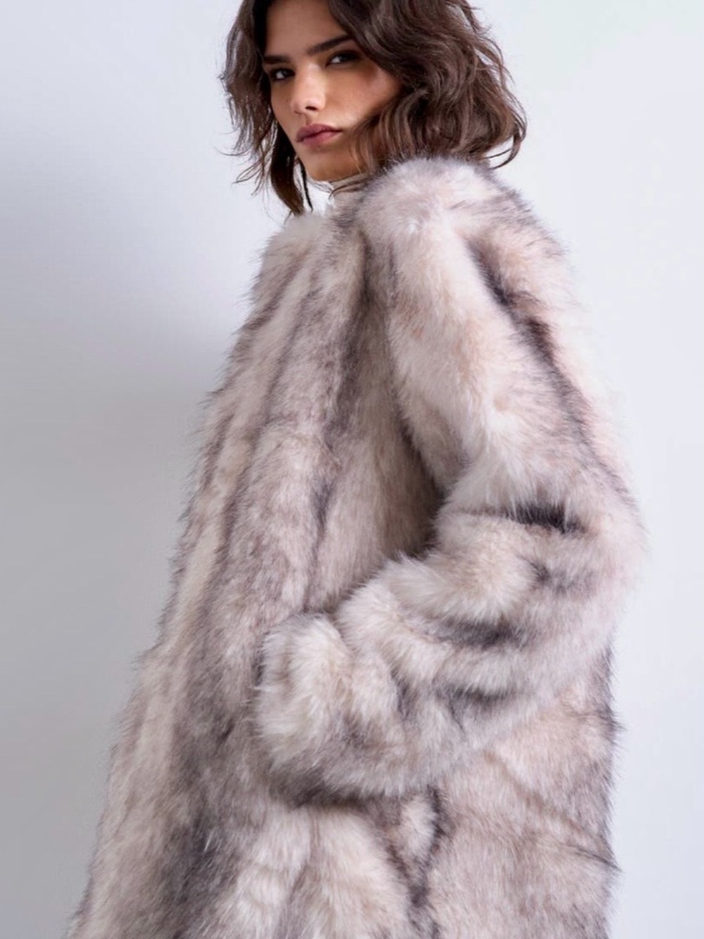 Topshop Faux Fur Coat in White and Gray Tones